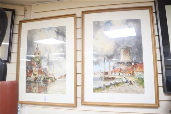 Louis van Staaten (1836-1909) three watercolours, Dutch canal scenes, signed, 59 x 39cm and 40 x 59cm
